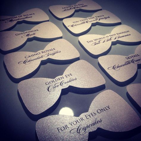 Papier Luxe - Dessert Table Tags for a James Bond themed engagement party. Pics of matching stationery to follow! James Bond Wedding, James Bond Theme Party, Themed Engagement Party, 007 Theme, 007 Party, James Bond Casino, 007 Casino Royale, James Bond Party, James Bond Theme