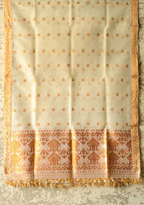 This full length silk dupatta is designed to bring in some newness in the traditional craft with color combinations, hand embroidery & placement of motifs, keeping the essence of Assamese weaving intact.... Yellow Mekhela Chador, Assamese Traditional Motifs, Muga Mekhela Chador Assamese, Assamese Motifs, Chadar Mekhela, Assamese Bride, Assamese Culture, Bangladesh Map, Mekhela Sador