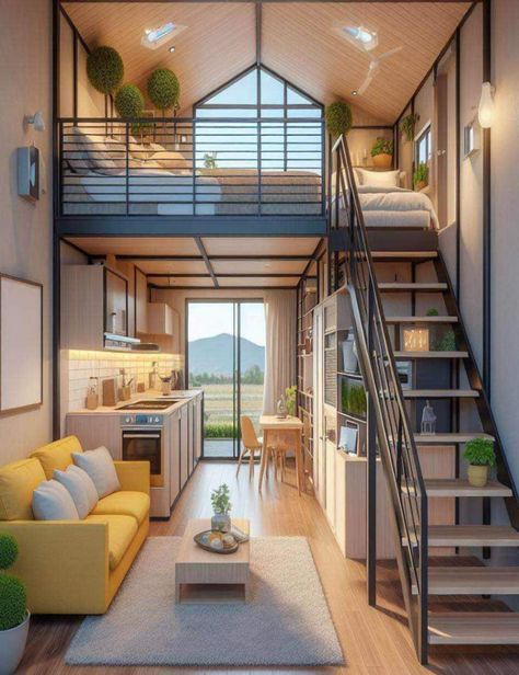 Mezanine Interior, Loft Houses, Loft Homes, River Ideas, Loft House Design, Tiny House Luxury, Ideal House, Small Tiny House, Tiny House Loft