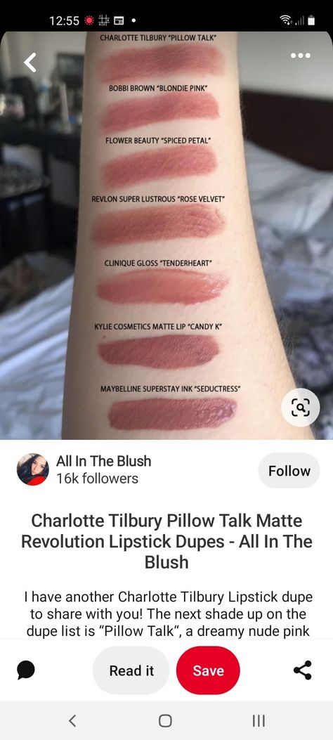 Revlon Blush, Charlotte Tilbury Lipstick, Make Me Blush, Blush Lipstick, Revlon Super Lustrous, Rose Velvet, Maybelline Super Stay, Makeup Swatches, Nude Pink