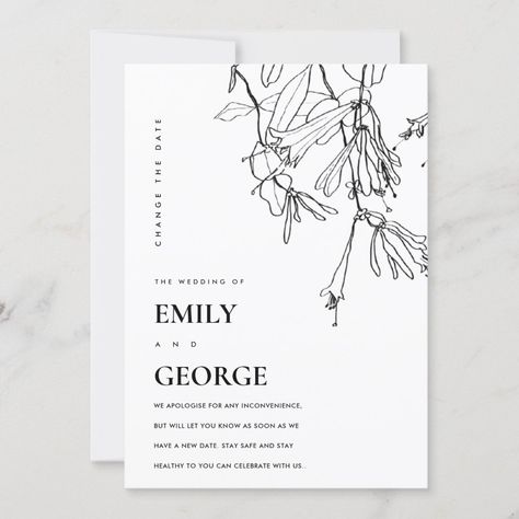 WHITE LINE DRAWING FLORAL CHANGE THE DATE CARD Line Drawing Floral, Wedding Cancellation, Drawing Floral, Black And White Wedding Invitations, Floral Save The Dates, Black Wedding Invitations, Black And White Theme, Black And White Lines, Save The Date Card