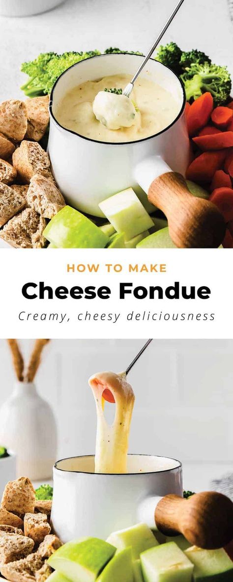 This cheese fondue recipe is made from three melty cheeses and served with vegetables and fruit. Easy Fondue Recipes, Best Cheese Fondue, Easy Cheese Fondue, Cheese Fondue Recipe, Easy Fondue, Fondue Recipes Cheese, Fondue Recipe, Gluten Free Plant Based, Fontina Cheese