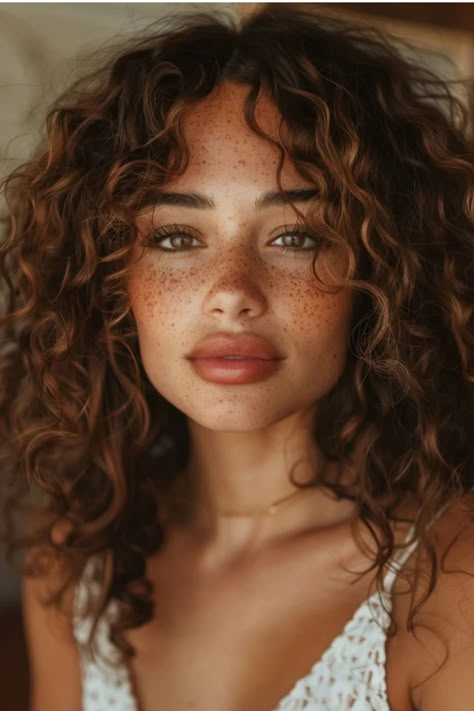 Close-up of a young woman with curly hair and freckles, gazing into the camera. Face Framing Layers On Curly Hair, Face Framing Layers Curly Hair Medium, Curly Hair For Round Faces, Trendy Haircuts For Long Hair Bangs, Curly Hair Cuts Women, Haircuts For Round Faces Curly Hair, Curly Layered Hair Medium, Round Face Curly Haircut, Curly Hair Short Layers