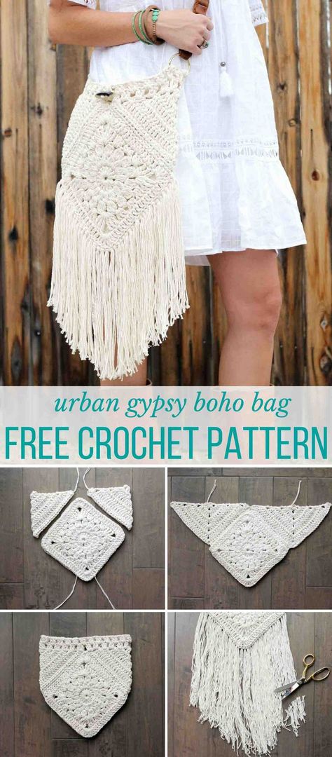 Hello boho! With interesting construction and tons of texture, "Urban Gypsy" boho bag free crochet pattern is loaded with bohemian charm! Crochet Boho Bag Pattern, Boho Bag Pattern, Bag Free Crochet Pattern, Granny Square Haken, Tote Crochet, Crochet Boho Bag, Crochet Shell Stitch, Confection Au Crochet, Crochet Simple