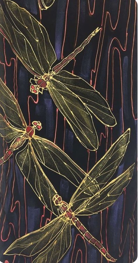 Dragonfly Artwork, Dragonfly Painting, Canvas Painting Ideas, Dragonfly Art, Gold And Red, Insect Art, Scarf Silk, 수채화 그림, Simple Acrylic Paintings