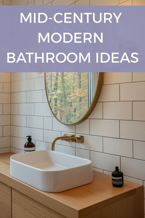 Mid-century modern bathroom with a round mirror and a rectangular white sink on a wooden vanity. Bathroom Ideas With Black Floor, Mid Century Bathroom Ideas, Mcm Bathroom, Modern Bathroom Ideas, Green Vanity, Bathroom Makeovers, Cozy Desk, Modern Bathroom Remodel, Mid Century Modern Bathroom