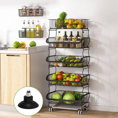 Vegetable Storage Rack, Pantry Garage, Snack Rack, Metal Wire Basket, Stackable Baskets, Produce Baskets, Tiered Fruit Basket, Wire Fruit Basket, Vegetable Stand