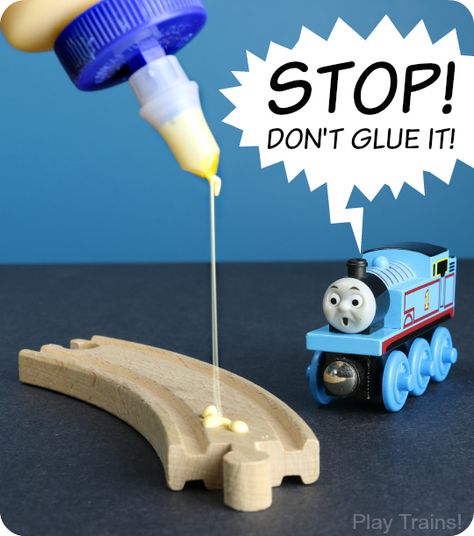 Temporary alternatives to gluing wooden train tracks down to a wooden train table, recommended by Play Trains! Toy Train Table, Wooden Train Table, Brio Train, Model Train Table, Wooden Train Track, Wood Train, Toy Trains Set, Train Table, Baby Boy Toys