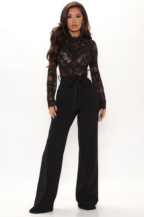 Available In Mauve And Black. Jumpsuit Lace Top Mock Neck Long Sleeve Tie Waist Wide Leg Pant Invisible Back Zipper Partially Sheer Stretch 35" Inseam Self: 95% Polyester 5% Spandex Lace: 100% Polyester Imported | Lillian Lace Jumpsuit in Black size 1X by Fashion Nova Bow Jumpsuit, Jumpsuit Lace, Black Lace Jumpsuit, Lace Jumpsuit, Mock Neck Long Sleeve, Flared Trousers, Loungewear Women, Tie Bow, Wide Leg Pant