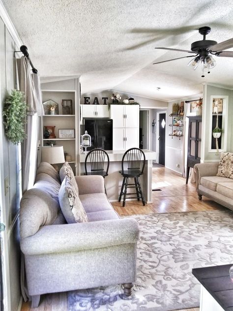 Single Wide Living Room Ideas, Trailer Remodel Single Wide, Small Mobile Home Remodel, Single Wide Trailer Remodel, Small Mobile Homes, Mobile Home Redo, Single Wide Remodel, Modern Mobile Homes, Mobile Home Exteriors