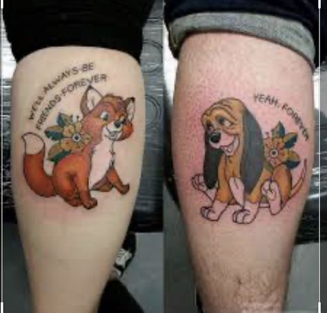 Copper And Todd Tattoo, Fox And Hound Tattoo, Tattoos Childhood, Fox And The Hound Tattoo, Disney Tattoo Designs, Darling Tattoo, Hound Tattoo, Matching Disney Tattoos, Disney Couple Tattoos