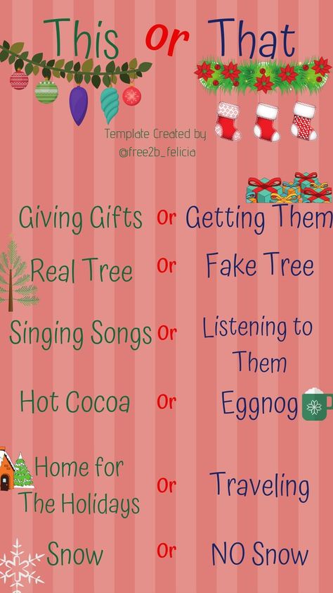 Christmas This or That @free2b_felicia | Christmas templates, Christmas party games, Christmas things to do December This Or That, Christmas Post For Instagram, This Or That Questions Christmas Edition, Facebook Christmas Games, This Or That Holiday Edition, Christmas Online Games, Online Christmas Games, Interactive Christmas Posts Facebook, This Or That Winter Edition