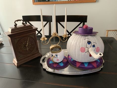 Pumpkin Painting Beauty And The Beast, Beauty And The Beast Painted Pumpkin, Mrs Potts Pumpkin, Beauty And The Beast Pumpkins, Chip Tea Cup, Storybook Pumpkin, Mrs Potts And Chip, Story Book Pumpkin, Character Pumpkins