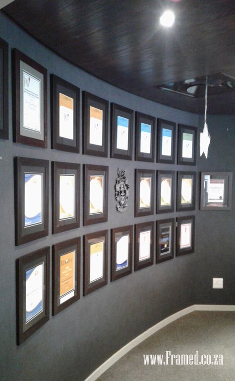 Certificate wall for effect. Certificate Wall Display Ideas, Display Wall Ideas, Certificate Wall, Certificate Display, Sandy Hair, Display Wall, Setup Ideas, Commercial Interior Design, Wall Ideas