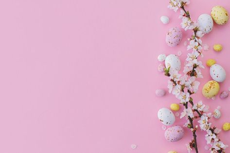 Spring Banner, Easter Banner, Chocolate Eggs, Easter Chocolate, Easter Colors, Banner Template, Cherry Blossoms, Pink Background, Happy Easter