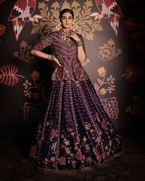 Purple Raw Silk Peplum and Lehenga | Ridhi Mehra Kurta And Lehenga, Purple Lehenga, Kurta Lehenga, Ridhi Mehra, Raw Silk Lehenga, Net Blouses, Embroidered Crop Tops, Embroidered Lehenga, Sharara Set