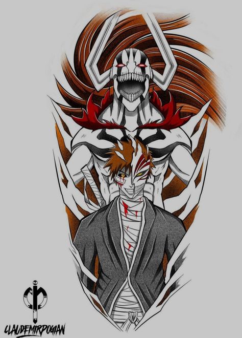 Ichigo Hollow Tattoo Design, Bleach Ichigo Tattoo Ideas, Ichigo Kurosaki Tattoo Design, Hollow Ichigo Tattoo, Ichigo Tattoo Design, Bleach Manga Tattoo, Ichigo Kurosaki Tattoo, Ichigo Tattoo Ideas, Bleach Tattoo Design