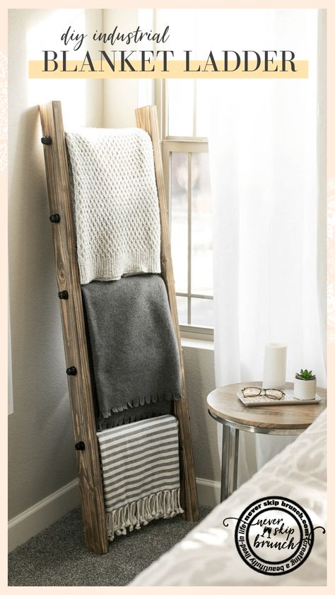 Living Room Blanket Ladder, Industrial Blanket Ladder, Blanket Ladder Living Room, Ladder Living Room, Make A Blanket Ladder, Make A Blanket, Living Room Blanket, Diy Blanket, Industrial Home Decor