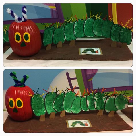 Preschool Painted Pumpkins, Very Hungry Caterpillar Pumpkin Project, Painted Pumpkin Ideas For Contest, Hungry Caterpillar Pumpkin Decorating, Preschool Pumpkin Decorating Ideas, The Very Hungry Caterpillar Pumpkin, Very Hungry Caterpillar Pumpkin, Pumpkin Decorating Book Character, Classroom Pumpkin Decorating Ideas