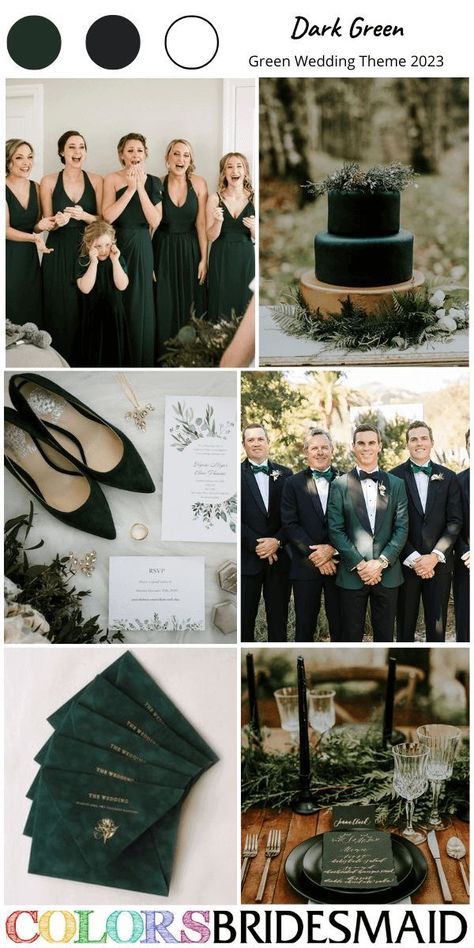 Emerald Green Gothic Wedding, Wedding Color Schemes Spring Green, Wedding Theme Colors Fall, Dark Green Wedding Ideas, Forest Green Wedding Dress, Green Wedding Themes, Black And Blue Wedding Theme, Black Emerald Gold Wedding, Dark Green Wedding Cakes