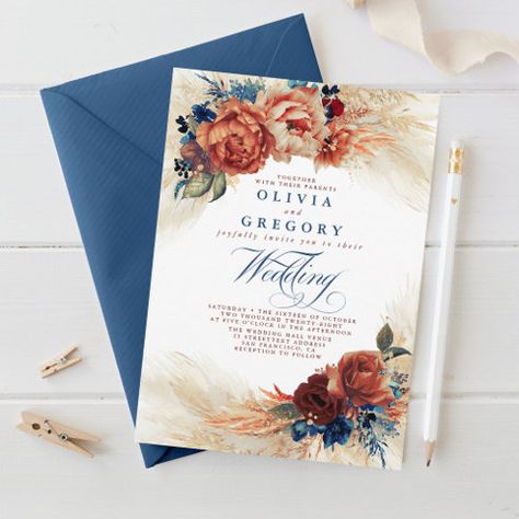 Blue Terracotta Boho Wedding Invitations & Templates | Zazzle Elegant Boho Wedding, Teal Wedding Colors, Boho Wedding Invitation Template, Popular Wedding Invitations, Teal Wedding Invitations, Color Terracota, Rustic Boho Wedding, Daisy Wedding, Copper Wedding