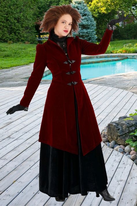 You can become a Victorian era Vampiress when you wear this Delightfully Dreadful Vampiress costume. With the signature styling of this skirt and overcoat combination, you're going to become a top vamp who knows a thing or two about finding fresh necks. #vampiress_costumes #halloween_costumes Vampiress Costume, Fun Costumes, Velour Jacket, Rayon Skirt, Costumes Halloween, Cool Costumes, Who Knows, Victorian Era, Costumes For Women