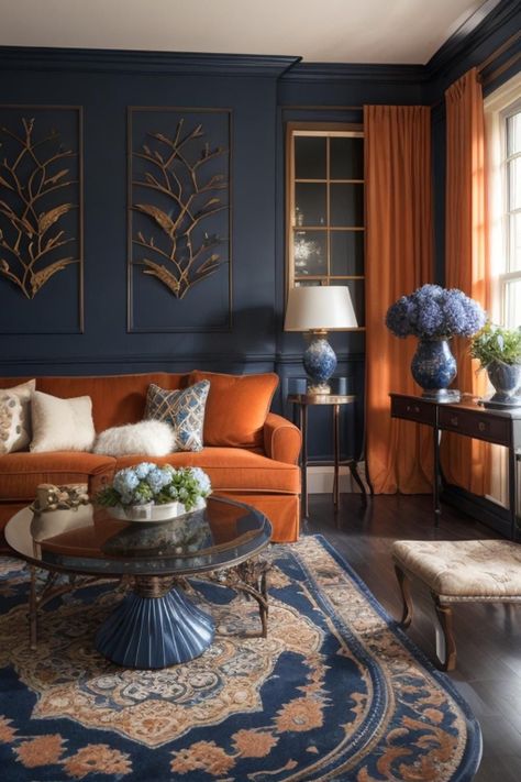 Terracotta And Blue Home Decor, Navy Rust Living Room, Orange Blue Interior, Dark Orange Room, Modern Sitting Room Ideas, Blue And Terracotta Living Room, Navy And Orange Living Room, Blue Color Palette Living Room, Dark Blue Living Room Decor