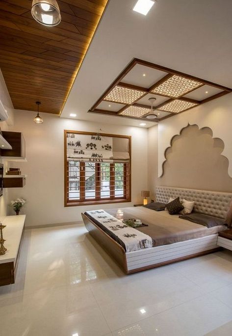 wooden false ceiling design for bedroom Traditional False Ceiling Design, Rooftop Room, Indian Bedroom Design, Latest False Ceiling Designs, Arabian Wedding, Ceiling Pop, Wooden Ceiling Design, Fall Ceiling, Indian Bedroom