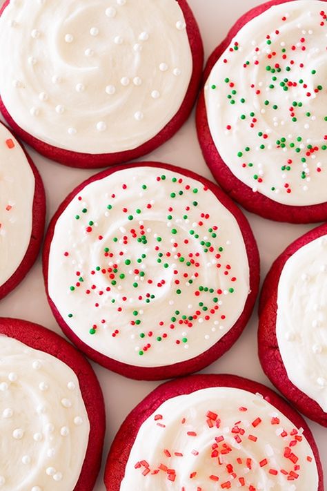 Red Velvet Sugar Cookies Recipe, Red Velvet Sugar Cookies, Velvet Sugar Cookies, Holiday Baking List, Velvet Cookies, Delicious Christmas Cookies, Peppermint Sugar, Hot Chocolate Cookies, Red Velvet Cookies