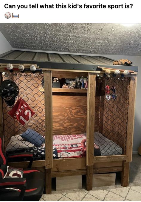 Boys Sports Bed, Dugout Bed, Rustic Baseball Room, Toddler Boy Baseball Room, Toddler Baseball Room, Baseball Boys Room, Baseball Bedroom For Boys, Baseball Bedroom Ideas, Boys Baseball Bedroom Ideas