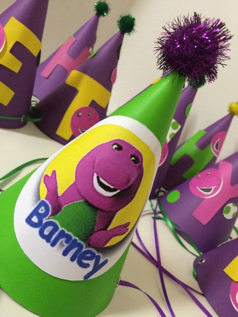 Barney Inspired Birthday Party Hat Barney and Friends Birthday Party - Baby Shower - I love you, you love me - Purple Dinasour by FiggiDoodles on Etsy Barney The Dinosaur Birthday Party, Barney And Friends Birthday Party Ideas, Barney Cupcakes, Barney Birthday Party, Barney Party, London Birthday, Barney And Friends, Barney Birthday, Friends Birthday Party