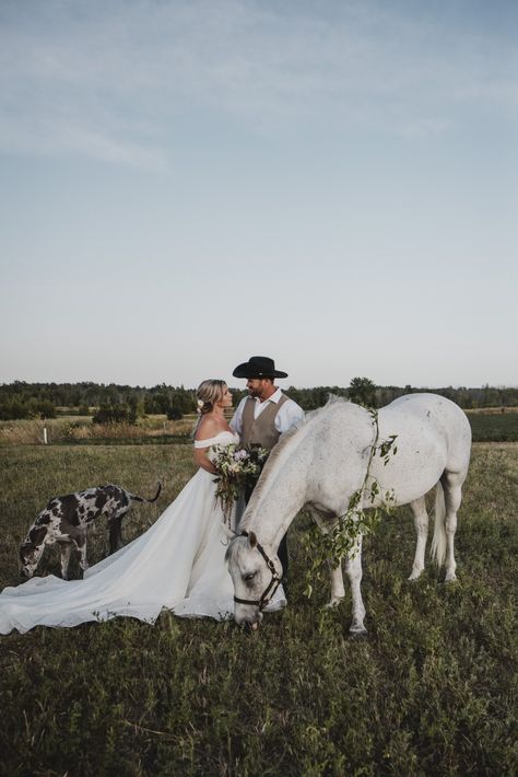 Country Couple Aesthetic Wedding, Wedding Pics With Horses, Wedding With Animals, White Horse Wedding, Proposal Ideas With Horses, Wedding Photo Ideas With Horses, Halo Themed Wedding, Western Wedding With Dog, Wedding Horse Photos