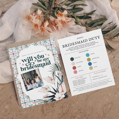 $2.78 | Color Palette Will you be my Bridesmaid Proposal #bridesmaid, proposal gift, will you be my bridesmaid, best friends, photo collage, photo card, color palette wedding attire, wedding color scheme swatch, moroccan tropical wedding, morocco tiles Proposal Announcement, Wedding Announcement Cards, Flower Girl Wedding, Bridesmaid Duties, Matron Of Honor, Be My Bridesmaid Cards, Bridal Party Proposal, Bridesmaid Cards, Wedding Color Palette