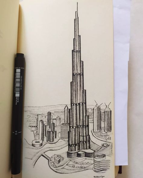 The tallest buildings in the world in miniature 828-metre, Burj Khalifa in Dubai in 18,5 cm & rapidograph, my drawing, architecture, UAE, Dublenco, Asia. Dubai Drawing Sketch, Burj Khalifa Sketch, Burj Khalifa Drawing, Dubai Drawing, Town Sketch, Plane Drawing, Dubai Frame, Hard Drawings, Dubai Art