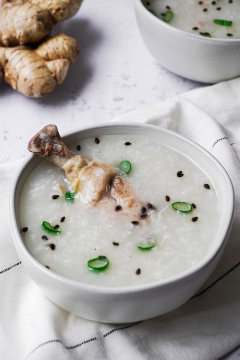 Instant Pot Chicken Congee - A Dash of Soy Instant Pot Congee, Chicken Congee, Chicken Porridge, Dried Scallops, Drumstick Recipes, Chicken Drumstick Recipes, Porridge Recipes, Recipetin Eats, Rice Porridge