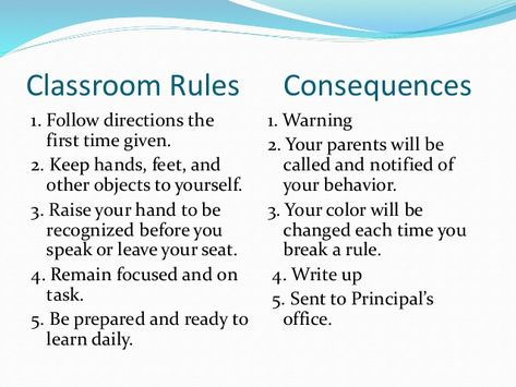 Classroom Rules Consequences 1. Follow directions the first time given. 2. Keep hands, feet, and other objects to yourself... Traditional Economy, Health Literacy, Class Rules, Kindergarten Class, Becoming A Teacher, Training Materials, Following Directions, Classroom Rules, The Class