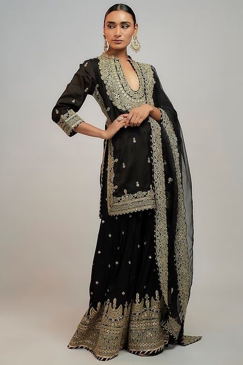 Black Tussar Marodi Embroidered Sharara Set Design by GOPI VAID at Pernia's Pop Up Shop 2024 Kalidaar Suit, Lehenga Outfit, Gopi Vaid, Embroidered Sharara, Indian Couture, Sharara Set, Indian Fashion Designers, Pernia Pop Up Shop, Fashion Fabric