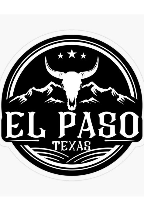 Decorate windows, bumpers or whatever this cool 'El paso Texas' sticker will look great anywhere! ORDER NOW $3.71 #El paso#Texas#sticker#stickers#bull#horns#mountains El Paso Tattoo, El Paso Texas Tattoo, Texas Made Tattoo, Texas Logos Ideas, Texas Graphic, Texas Tattoos, Texas Stickers, Plastic Stickers, Pop Art Wallpaper