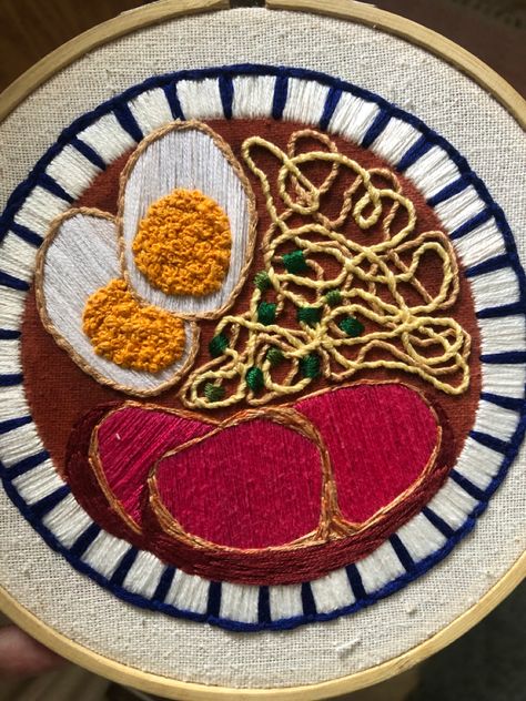 Ramen Embroidery, Breakfast Embroidery, Egg Embroidery, Pasta Art, Embroidered Art, Needlework Embroidery, 자수 디자인, Embroidery Patches, Diy Embroidery