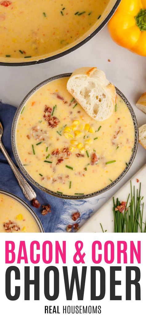 You had me at bacon. The ultimate comfort food, this hearty Bacon & Corn Chowder with a creamy potato base will make you deliciously happy from the inside out! #Realhousemoms #baconandcorn #chowder #cornchowder #coldweather #fall #comfortfood #creamyotato #backtoschool #bacon #chickenstock Souper Bowl, Cracker Barrel Recipes, Bacon Corn Chowder, Bacon Corn, Bacon Chowder, Potato Bacon, Chowder Soup, Soup Broth, Creamy Potato