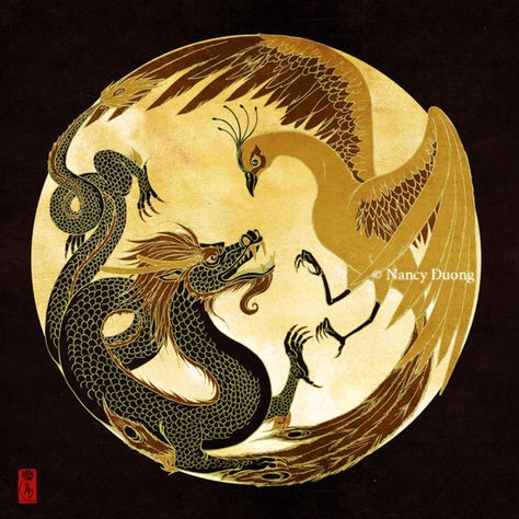 Dragon and Phoenix by lilsuika on @DeviantArt Chinese Dragon And Phoenix Art, Phoenix And Dragon Art, Tattoos Chinese Dragon, Dragon And Phoenix Art, Dragon Phoenix Tattoo, Dragon And Phoenix Tattoo, Chinese Dragon Painting, Tattoos Chinese, Phoenix Chinese