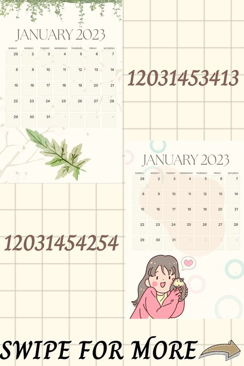 HAPPY NEW YEAR! thank you so much for supporting me throughout the past few months!^__^ to start the year with my very first post for 2023, 2023 CALENDAR DECALS! I suggest using the poster painting (: suits calendars really well! #bloxburg #bloxburgdecals #decals #roblox #robloxdecals #bloxburgcalendar #bloxburgcalendars #bloxburg2023 Bloxburg Picture Codes Calendar 2023, Suit Codes For Bloxburg, Decals Roblox Id, Bloxburg Calendar Decals 2023, Bloxburg Calendar Decals, Painting Codes For Bloxburg, Poster Decals Bloxburg, Wallpaper Codes For Bloxburg, Bloxburg Aesthetic Decal Codes