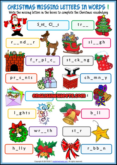 Christmas Exercises For Kids, In Words Worksheets, Words For Christmas, Christmas Worksheets For Kids, 5 Letter Words, Nursery Alphabet, Christmas Nursery, Christmas Quiz, Missing Letters