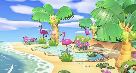 Acnh Flamingo Beach, Acnh Flamingo Pond, Acnh Flamingo, Flamingo Beach, Tropical Animals, Island 2, Animal Crossing Wild World, Animal Crossing Villagers, New Animal Crossing