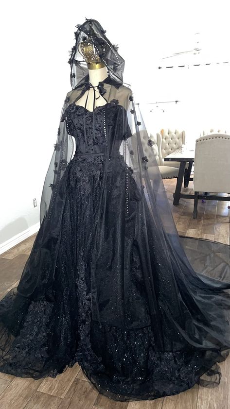 Sleeveless black ballgown wedding dress with hooded veiled cape. Victorian Goth Prom Dress, Black Wedding Dress Veil, Prom Dress With Hooded Cape, Prom Dress With Hood, Black Wedding Dress Ballgown, Emo Wedding Dresses, Midevil Dress, Off Shoulder Prom Dresses, Black Wedding Veil