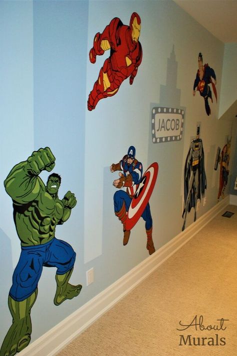 Superhero Bedroom With Bunk Beds, Marvel Avengers Bedroom Ideas, Marvel Wall Stickers, Superhero Mural Bedroom, Marvel Room Paint Ideas, Marvel Wall Mural, Marvel Mural Bedroom, Kids Boys Room Ideas, Avengers Kids Room Ideas