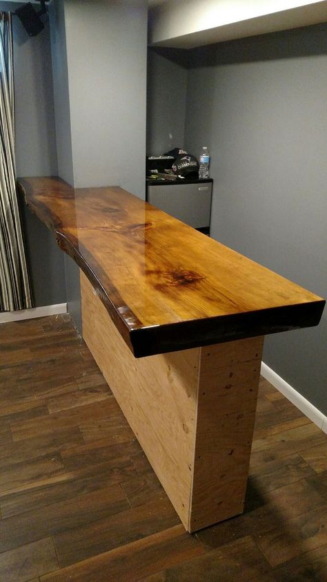 Wood Bar Counter Design, Kitchen Bar Design Ideas Counter Tops, Wood Bar Countertops, Bar With Wood Countertop, Bar Wood Countertop, Bar Counter Design Home, Live Edge Bar Top, Kitchen Wallpaper Ideas, Wood Bar Counter