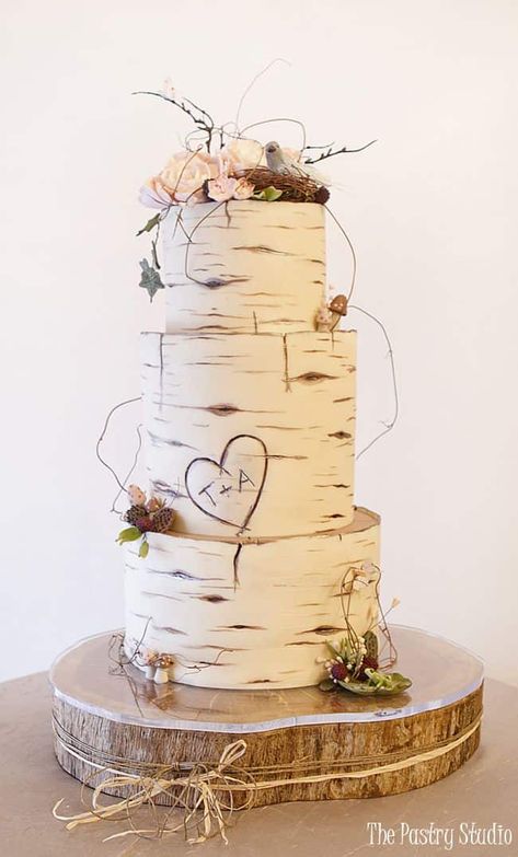 15 Impressive Cake Designs That Look Like Wood Birch Wedding Cakes, Wood Wedding Cake, Vintage Pasta, Wood Wedding Cakes, Wedding Cake Tree, Birch Tree Wedding, Birch Wedding, Cake Custom, Diy Wedding Cake