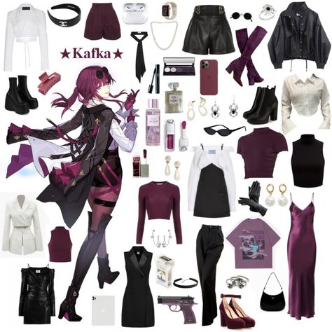 Kafka Honkai Star Rail Outfit, Kafka Outfit, Honkai Star Rail Inspired Outfits, Kafka Aesthetic Honkai, Honkai Outfits, Honkai Characters, Hsr Kafka, Kafka Hsr, Kafka Cosplay