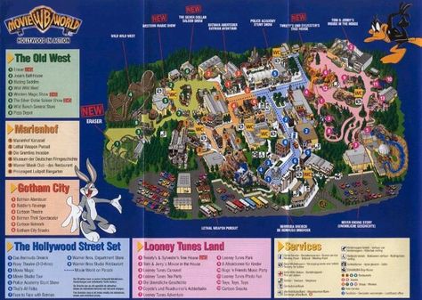 Theme Park Brochures Warner Bros. Movie World - Theme Park Brochures Park Brochure, Theme Park Map, Disney World Map, Map Brochures, Indoor Amusement Parks, Hollywood Street, World Map Printable, Movie World, Theme Parks Rides